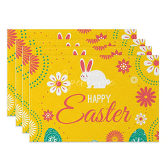 Aperturee - Aperturee Easter Set of 4 Placemats Yellow Floral Mandala White Bunny Happy Easter Dining Table Mats