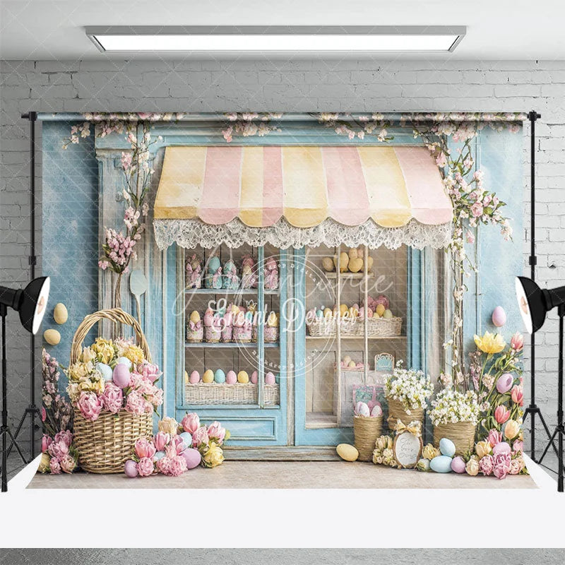 Aperturee - Aperturee Easter Shop Front Combo Set Backdrop Spring Pastel Eggs Flower Store Wood Floor Photography Prop