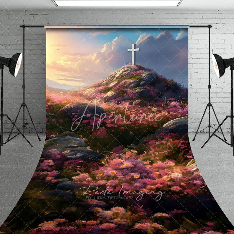 Aperturee - Aperturee Easter Sunrise White Cross Hill Backdrop Spring Pink Floral Meadow Landscape Religion Photography Background