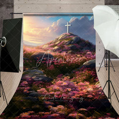 Aperturee - Aperturee Easter Sunrise White Cross Hill Backdrop Spring Pink Floral Meadow Landscape Religion Photography Background
