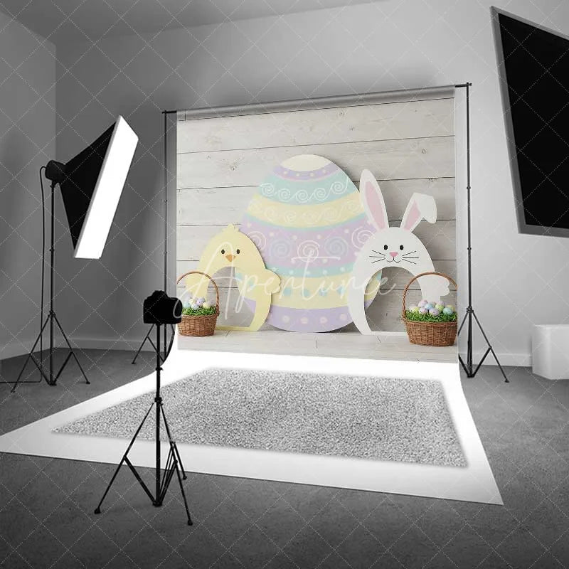 Aperturee - Aperturee Easter Wood Backdrop Bunny Chick Egg Cutouts Background Spring Rustic Floor Kids Portrait Photography Studio Prop