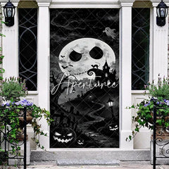 Aperturee - Aperturee Eerie Black and White Spooky Moon Haunted House Halloween Door Cover Graveyard and Jack-o’-Lanterns Decor
