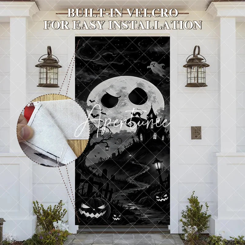 Aperturee - Aperturee Eerie Black and White Spooky Moon Haunted House Halloween Door Cover Graveyard and Jack-o’-Lanterns Decor