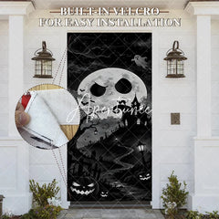 Aperturee - Aperturee Eerie Black and White Spooky Moon Haunted House Halloween Door Cover Graveyard and Jack-o’-Lanterns Decor