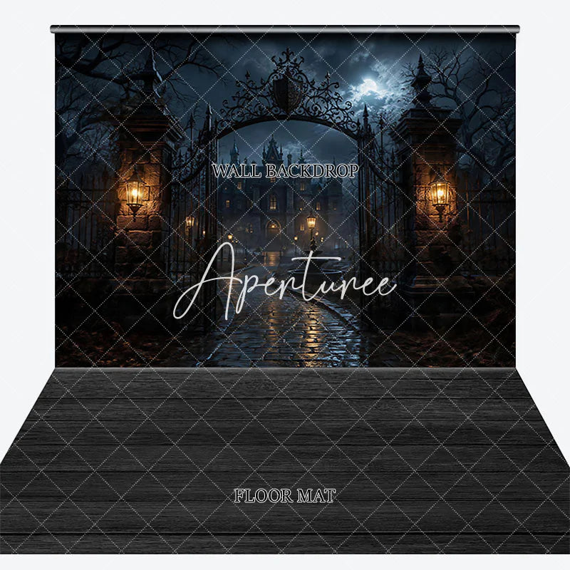 Aperturee - Aperturee Eerie Gothic Haunted Mansion Ornate Gate Moonlit Night Combo Set Backdrop Spooky Halloween Party and Dark Fantasy