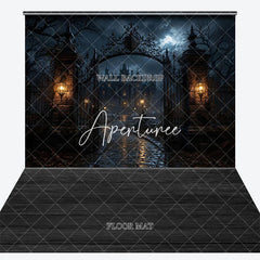 Aperturee - Aperturee Eerie Gothic Haunted Mansion Ornate Gate Moonlit Night Combo Set Backdrop Spooky Halloween Party and Dark Fantasy