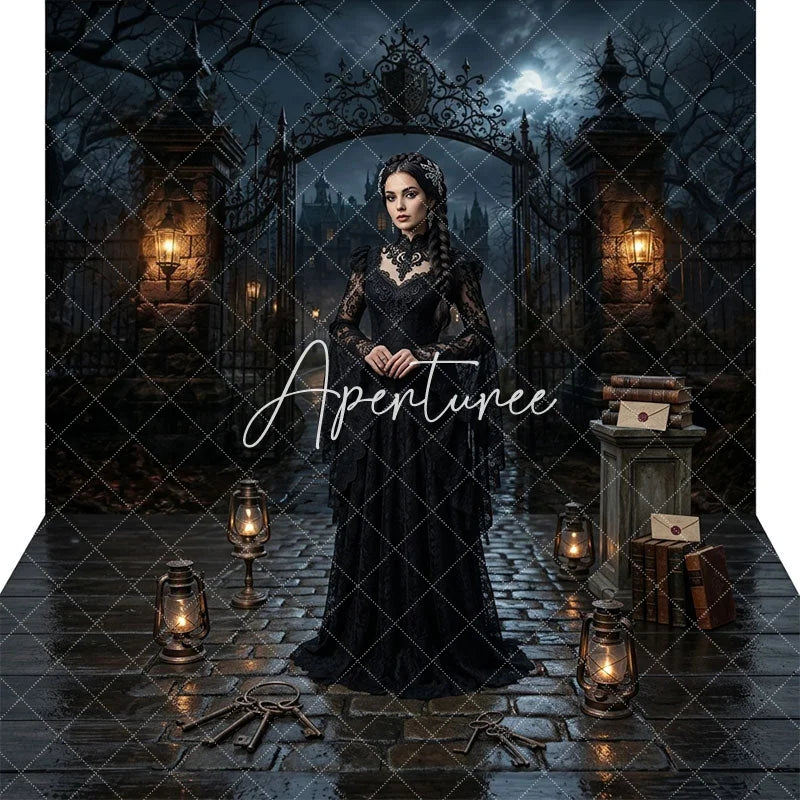 Aperturee - Aperturee Eerie Gothic Haunted Mansion Ornate Gate Moonlit Night Combo Set Backdrop Spooky Halloween Party and Dark Fantasy