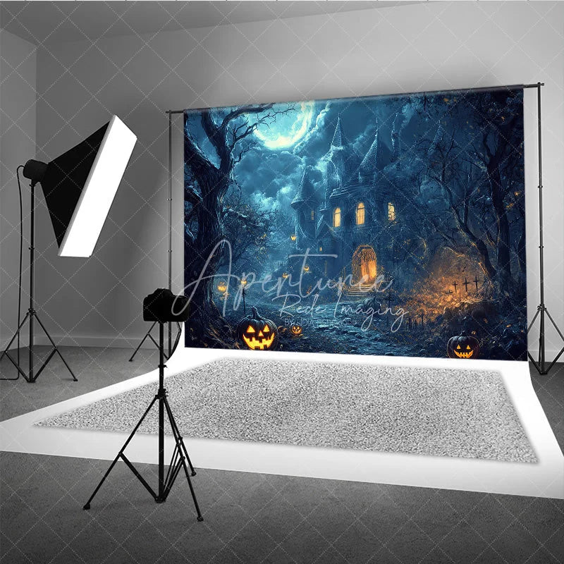 Aperturee - Aperturee Eerie Haunted Castle Full Moon Halloween Holiday Backdrop Spooky Jack-o-Lanterns and Dark Trees Decor