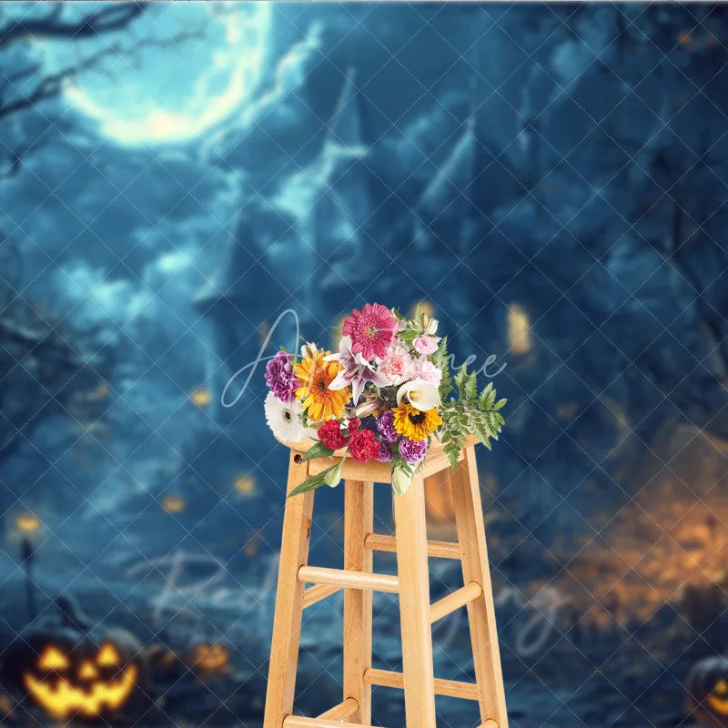 Aperturee - Aperturee Eerie Haunted Castle Full Moon Halloween Holiday Backdrop Spooky Jack-o-Lanterns and Dark Trees Decor