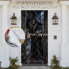 Aperturee - Aperturee Eerie Old Witch Haunted House Door Cover Spooky Halloween Party Decor with Full Moon and Distressed Door