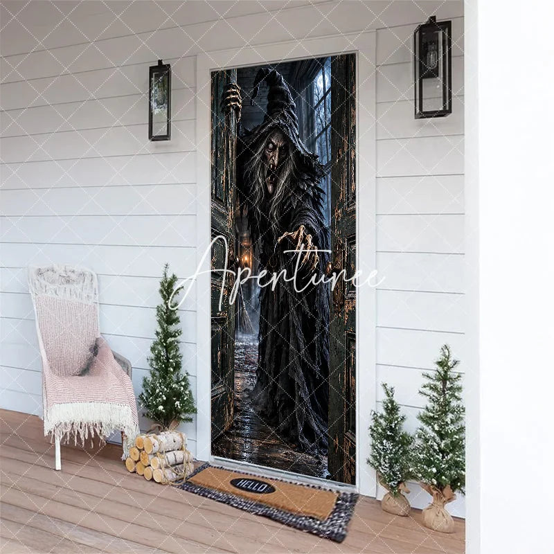 Aperturee - Aperturee Eerie Old Witch Haunted House Door Cover Spooky Halloween Party Decor with Full Moon and Distressed Door