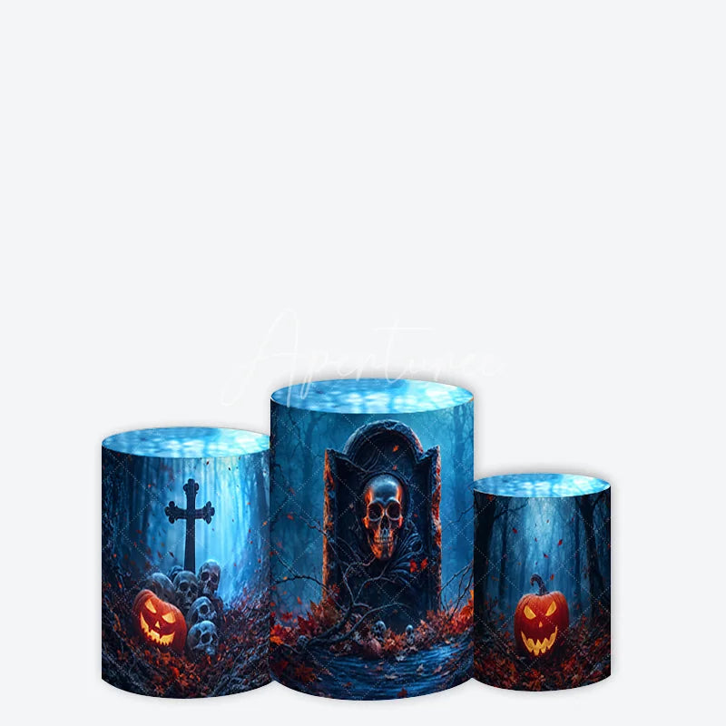 Aperturee - Aperturee Eerie Spooky Halloween Forest Cylinder Cover featuring Skulls Jack-o’-Lanterns and Tombstone Decor.