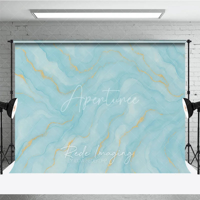 Aperturee - Aperturee Elegant Abstract Light Blue and Gold Watercolor Photography Backdrop Serene Fluid Marble Texture