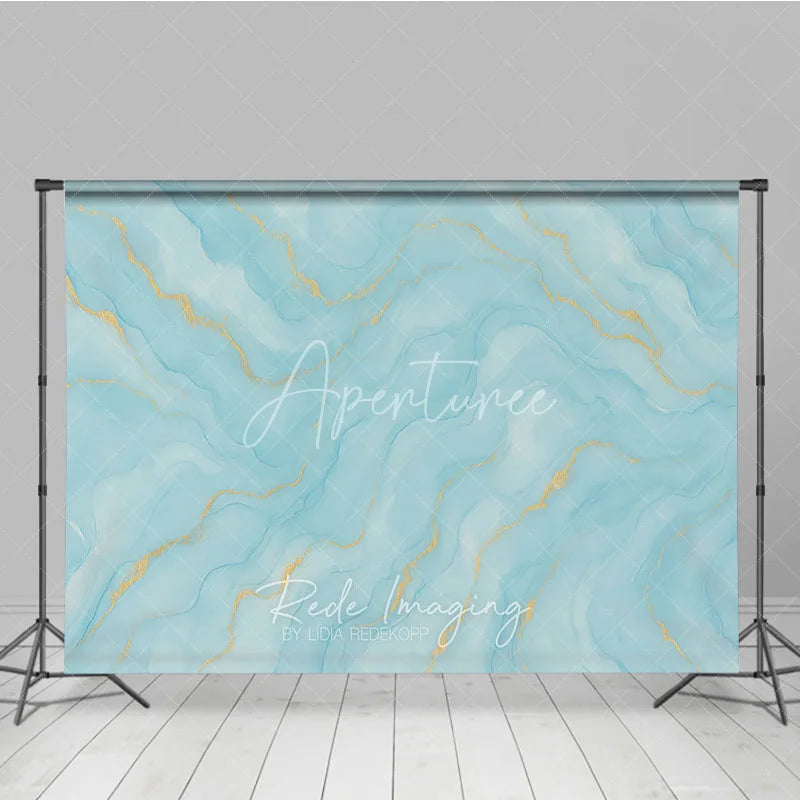 Aperturee - Aperturee Elegant Abstract Light Blue and Gold Watercolor Photography Backdrop Serene Fluid Marble Texture