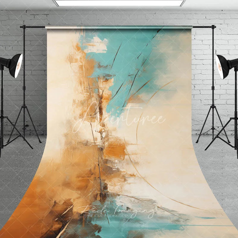 Aperturee - Aperturee Elegant Abstract Teal Gold and Beige Textured Sweep Backdrop Modern Artistic Photography Background
