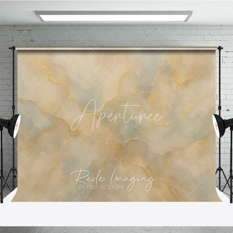Aperturee - Aperturee Elegant Abstract Textured Photography Backdrop with Gold Veins Beige and Light Blue Marble Style for Portraits