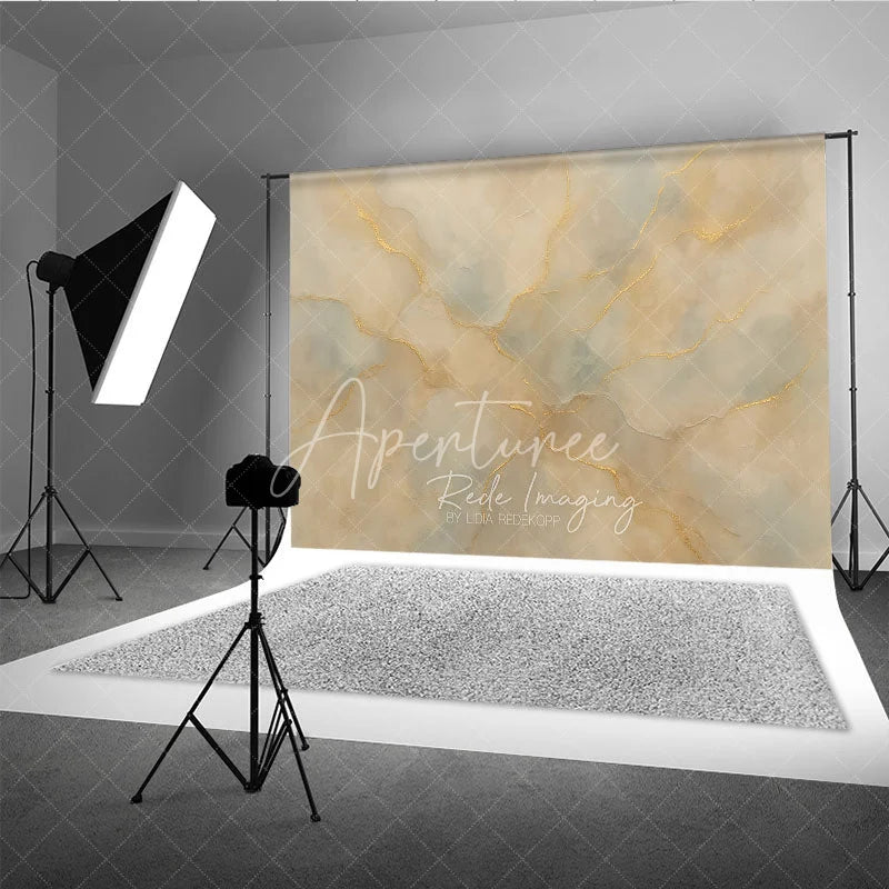 Aperturee - Aperturee Elegant Abstract Textured Photography Backdrop with Gold Veins Beige and Light Blue Marble Style for Portraits
