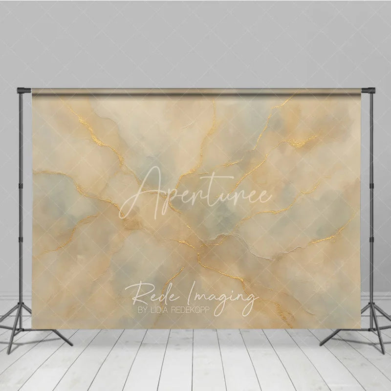 Aperturee - Aperturee Elegant Abstract Textured Photography Backdrop with Gold Veins Beige and Light Blue Marble Style for Portraits
