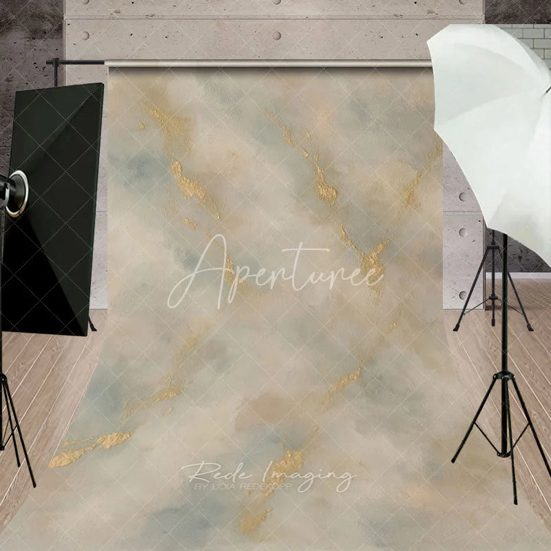 Aperturee - Aperturee Elegant Abstract Textured Sweep Backdrop Gold Accents and Soft Beige Blue Painterly Background