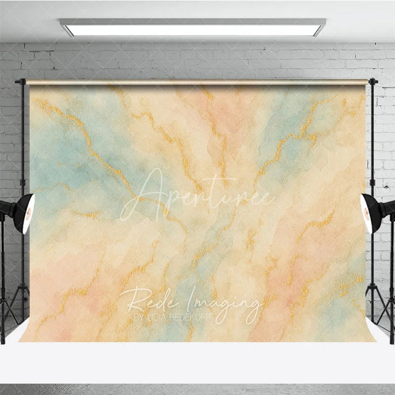 Aperturee - Aperturee Elegant Abstract Watercolor Photography Backdrop with Gold Veins Pastel Blue and Peach Artistic Studio Prop