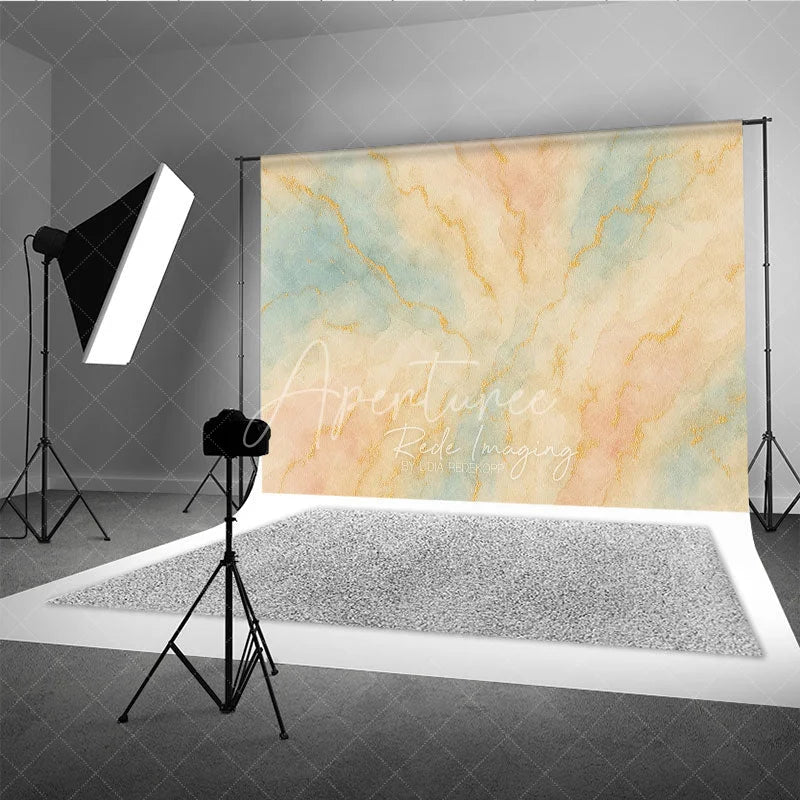 Aperturee - Aperturee Elegant Abstract Watercolor Photography Backdrop with Gold Veins Pastel Blue and Peach Artistic Studio Prop