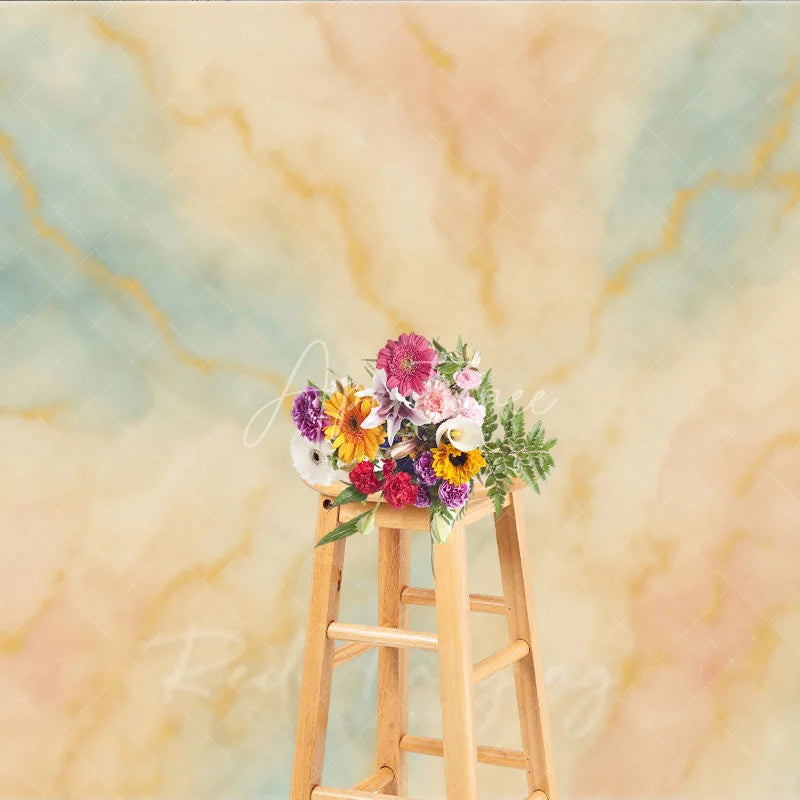 Aperturee - Aperturee Elegant Abstract Watercolor Photography Backdrop with Gold Veins Pastel Blue and Peach Artistic Studio Prop