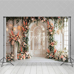 Aperturee - Aperturee Elegant Arched Door Peach Pink Floral Photography Backdrop Gold Detailing and Lanterns Wedding Event Party Decor