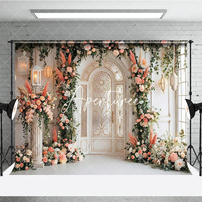 Aperturee - Aperturee Elegant Arched Door Peach Pink Floral Photography Backdrop Gold Detailing and Lanterns Wedding Event Party Decor