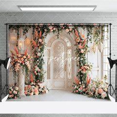 Aperturee - Aperturee Elegant Arched Door Peach Pink Floral Photography Backdrop Gold Detailing and Lanterns Wedding Event Party Decor