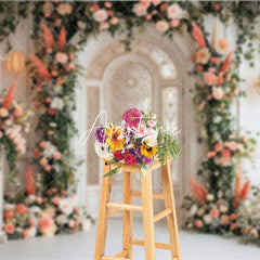 Aperturee - Aperturee Elegant Arched Door Peach Pink Floral Photography Backdrop Gold Detailing and Lanterns Wedding Event Party Decor