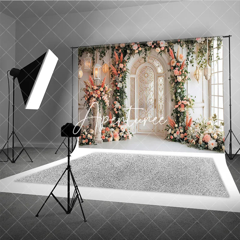 Aperturee - Aperturee Elegant Arched Door Peach Pink Floral Photography Backdrop Gold Detailing and Lanterns Wedding Event Party Decor