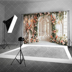 Aperturee - Aperturee Elegant Arched Door Peach Pink Floral Photography Backdrop Gold Detailing and Lanterns Wedding Event Party Decor
