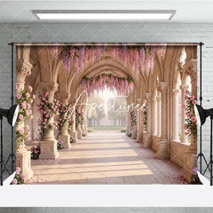 Aperturee - Aperturee Elegant Arched Hallway with Pink Roses and Purple Wisteria Photography Backdrop Dreamy Garden Wedding Party Decor