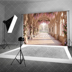Aperturee - Aperturee Elegant Arched Hallway with Pink Roses and Purple Wisteria Photography Backdrop Dreamy Garden Wedding Party Decor