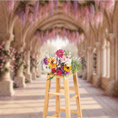 Aperturee - Aperturee Elegant Arched Hallway with Pink Roses and Purple Wisteria Photography Backdrop Dreamy Garden Wedding Party Decor