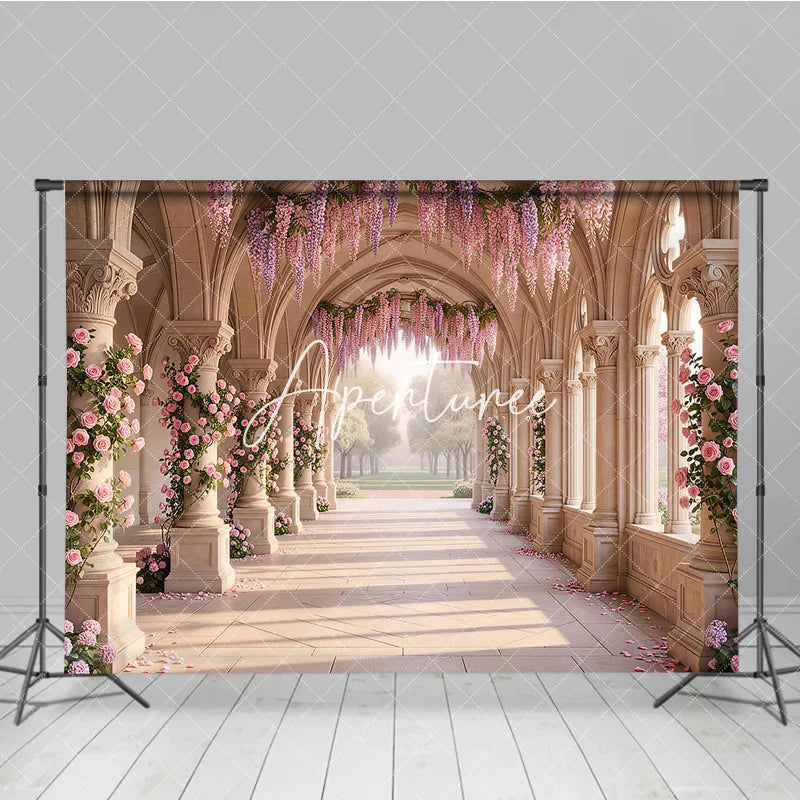 Aperturee - Aperturee Elegant Arched Hallway with Pink Roses and Purple Wisteria Photography Backdrop Dreamy Garden Wedding Party Decor