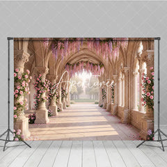Aperturee - Aperturee Elegant Arched Hallway with Pink Roses and Purple Wisteria Photography Backdrop Dreamy Garden Wedding Party Decor