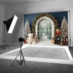 Aperturee - Aperturee Elegant Archway Holiday Backdrop Flocked Christmas Trees Nutcracker and Snowy Forest Scene for Festive Celebrations