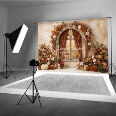 Aperturee - Aperturee Elegant Autumn Arched Window Photography Backdrop with Fall Leaves Pumpkins and Lanterns for Festive Decor