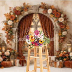 Aperturee - Aperturee Elegant Autumn Arched Window Photography Backdrop with Fall Leaves Pumpkins and Lanterns for Festive Decor