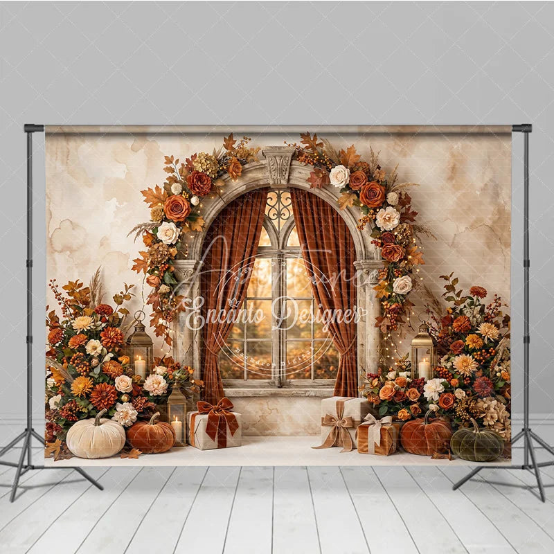 Aperturee - Aperturee Elegant Autumn Arched Window Photography Backdrop with Fall Leaves Pumpkins and Lanterns for Festive Decor