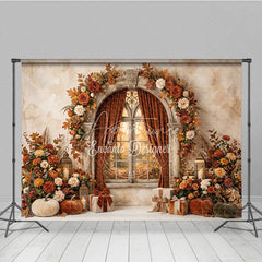 Aperturee - Aperturee Elegant Autumn Arched Window Photography Backdrop with Fall Leaves Pumpkins and Lanterns for Festive Decor