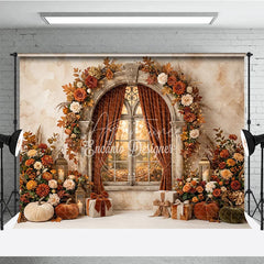 Aperturee - Aperturee Elegant Autumn Arched Window Photography Backdrop with Fall Leaves Pumpkins and Lanterns for Festive Decor