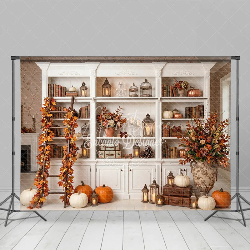 Aperturee - Aperturee Elegant Autumn Bookshelf Photography Backdrop with Pumpkins and Fall Leaves Decor Rustic Seasonal Scene