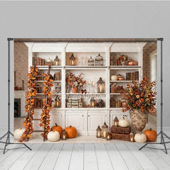 Aperturee - Aperturee Elegant Autumn Bookshelf Photography Backdrop with Pumpkins and Fall Leaves Decor Rustic Seasonal Scene