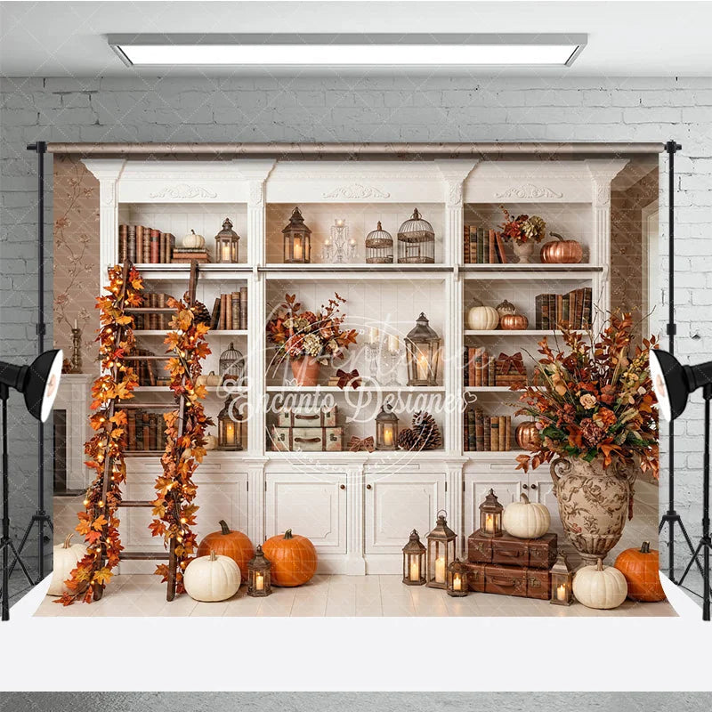 Aperturee - Aperturee Elegant Autumn Bookshelf Photography Backdrop with Pumpkins and Fall Leaves Decor Rustic Seasonal Scene