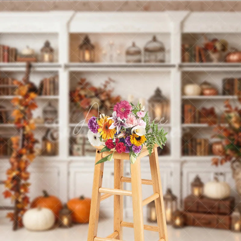 Aperturee - Aperturee Elegant Autumn Bookshelf Photography Backdrop with Pumpkins and Fall Leaves Decor Rustic Seasonal Scene