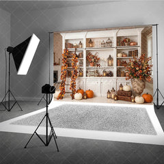 Aperturee - Aperturee Elegant Autumn Bookshelf Photography Backdrop with Pumpkins and Fall Leaves Decor Rustic Seasonal Scene