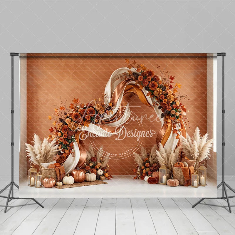 Aperturee - Aperturee Elegant Autumn Floral Arch Photography Backdrop with Pumpkins and Pampas Grass Fall Harvest Party Decor