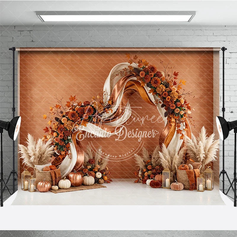 Aperturee - Aperturee Elegant Autumn Floral Arch Photography Backdrop with Pumpkins and Pampas Grass Fall Harvest Party Decor